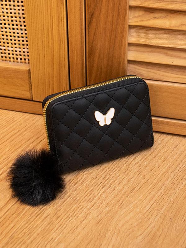 Women's Butterfly Pattern Quilted Design Zipper Short Wallet, with Hair Ball Charm, Casual Versatile Card Holder, Lightweight Small Wallet