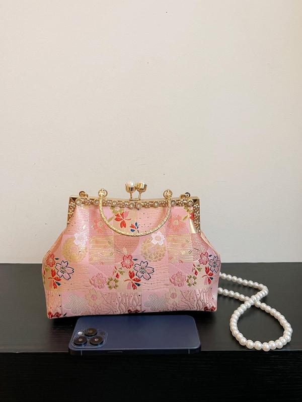 Women's Elegant Floral Pattern Faux Pearl & Rhinestone Decorated Satchel, Exquisite Trendy Handbag, Fashionable Crossbody Bag for Party Decoration