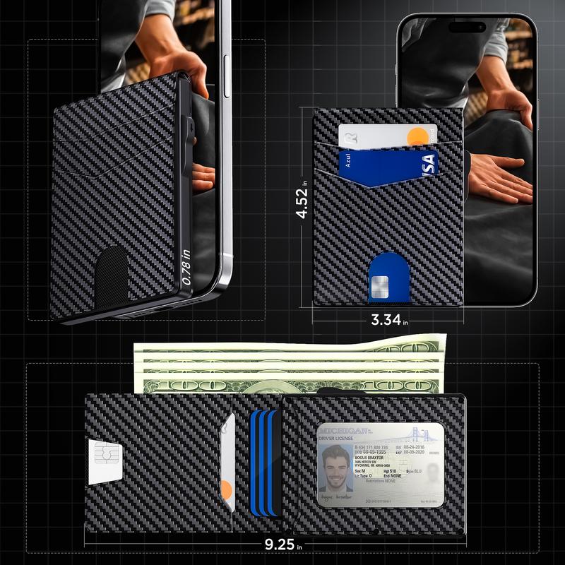 Wallet for Men, Pop-up Case, Cash Slot, RFID Blocking Mens Wallet with ID Window, Minimalist Wallet for Credit Cards,With Coin Pocket (Carbon Fiber)