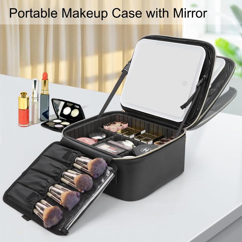 Travel Makeup Bag With LED Mirror, Cosmetic Train Case with Light up Mirror,  with Adjustable Dividers, Makeup Brush Holder Storage