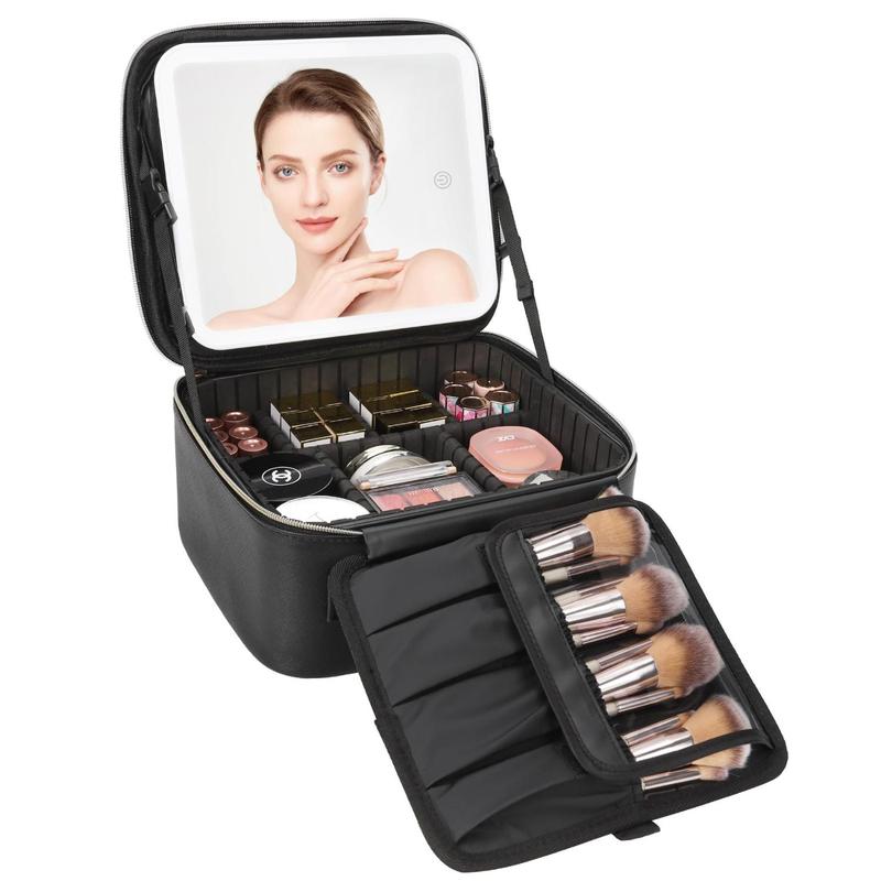 Travel Makeup Bag With LED Mirror, Cosmetic Train Case with Light up Mirror,  with Adjustable Dividers, Makeup Brush Holder Storage