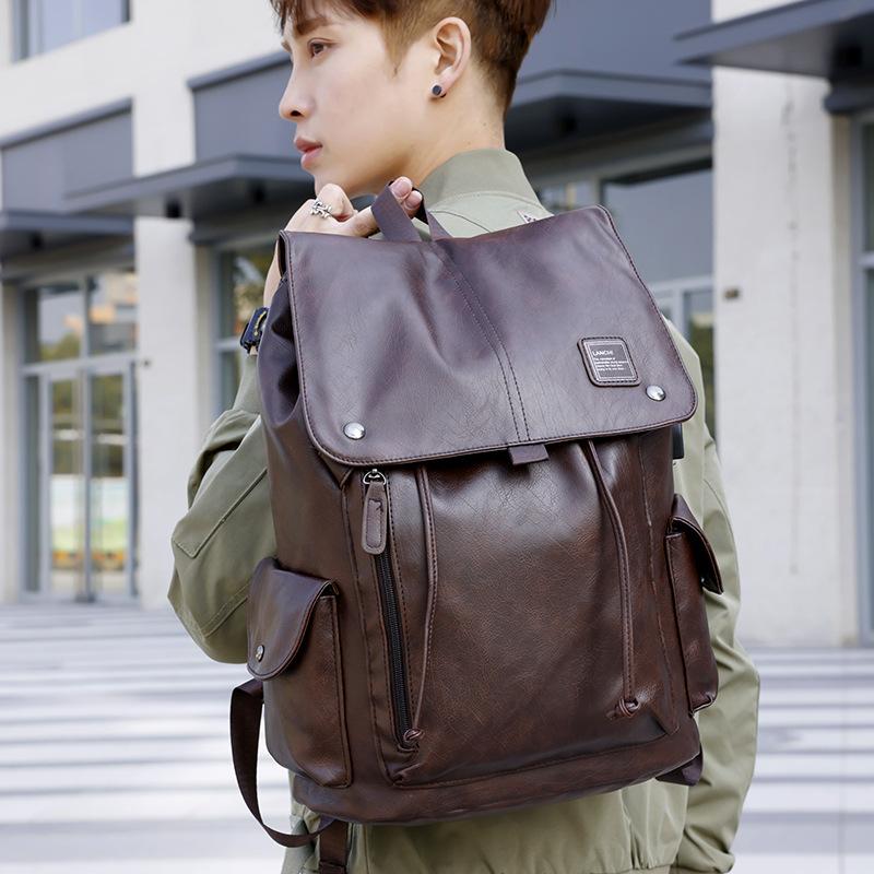 Men's Pu Backpack Korean-Style Casual Waterproof Travel Backpack Large Capacity Commuter Computer Bag Student Schoolbag