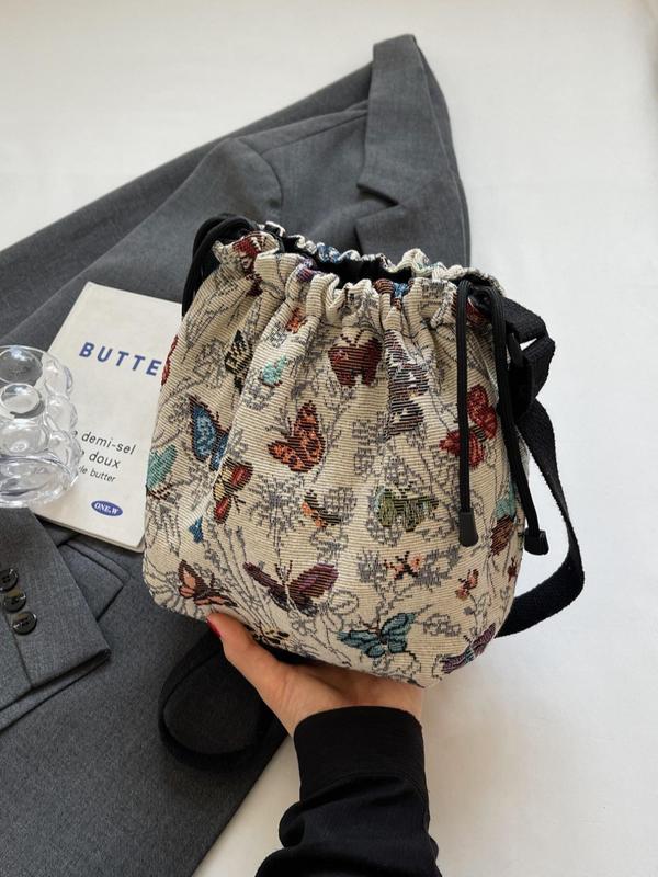 Women's Floral Print Drawstring Design Bucket Bag, Fashionable Crossbody Bag for Daily Life, Casual Trendy Versatile Vintage Commuting Bag for Women & Girls