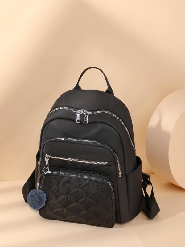 Women's Solid Color Quilted Backpack, Fashionable Backpack with Cute Fluffy Pom Pom Bag Charm, Casual Lightweight Multi-pocket Backpack for Daily Used, Fall Outfits, Fall Freshness, Zipper Backpack Trend