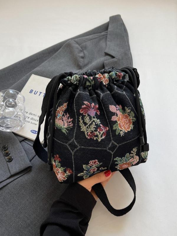 Women's Floral Print Drawstring Design Bucket Bag, Fashionable Crossbody Bag for Daily Life, Casual Trendy Versatile Vintage Commuting Bag for Women & Girls