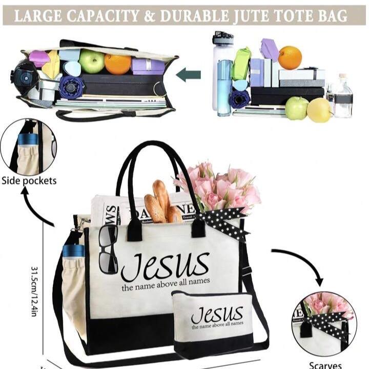 Christian Faith Over Fear Burlap Tote Bag Set with Makeup Bag for Women