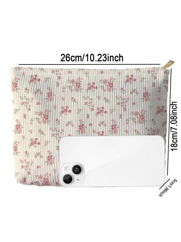 Ditsy Floral Pattern Makeup Bag, Casual Fashion Corduroy Zipper Makeup Bag for Travel, Versatile Storage Bag for Women & Girls