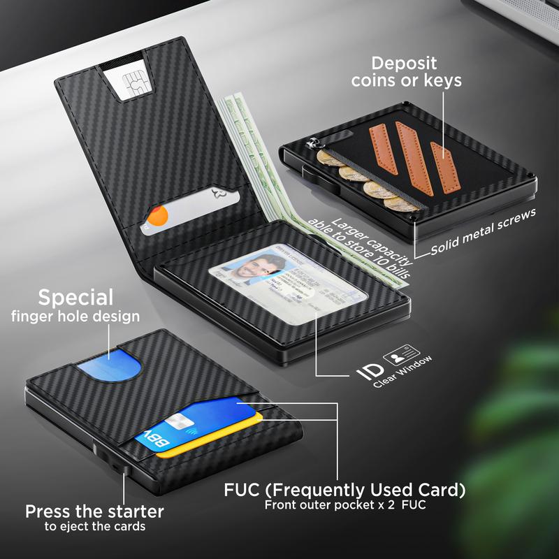 Wallet for Men, Pop-up Case, Cash Slot, RFID Blocking Mens Wallet with ID Window, Minimalist Wallet for Credit Cards,With Coin Pocket (Carbon Fiber)