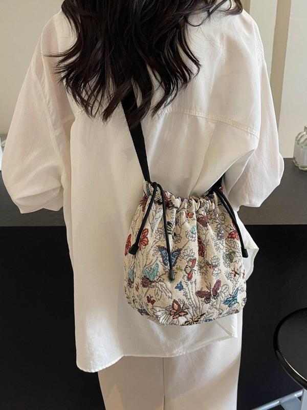 Women's Floral Print Drawstring Design Bucket Bag, Fashionable Crossbody Bag for Daily Life, Casual Trendy Versatile Vintage Commuting Bag for Women & Girls