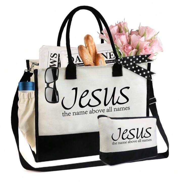 Christian Faith Over Fear Burlap Tote Bag Set with Makeup Bag for Women