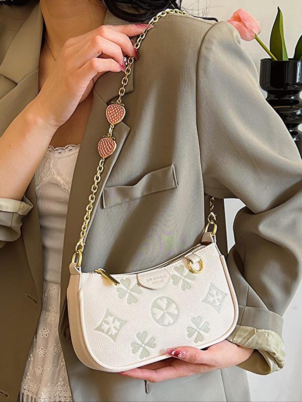 Women's Elegant Floral Embossing Shoulder Bag with Fruits Decor Chain, Designer Crossbody Bags, Trendy New Style Crossbody Bag, Versatile and Textured Fashionable Shoulder Bag for Daily Use Fall