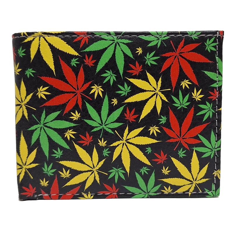 Colorful Pot Leaf Marijuana Weed Leather Bi-Fold Bifold Wallet