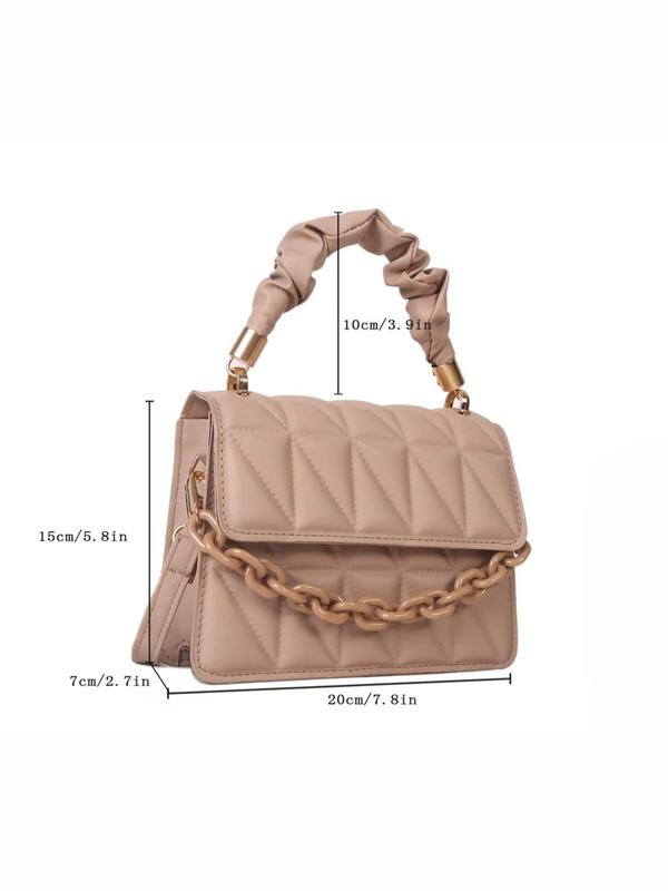 Women's Quilted Chain Decor Frill Strap Square Satchel Bag, Casual Elegant Handbag for Party, Club, Female Basic Classic Flap Shoulder Bag