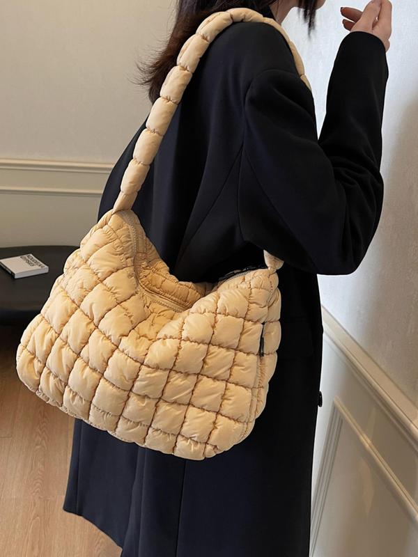 Women's Solid Color Quilted Puffer Tote Bag, Fashionable Large Capacity Shoulder Bag for Daily Used, Casual Trendy Versatile High-quality Daily Commuting Bag