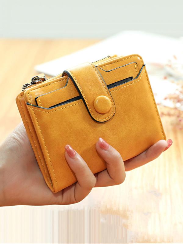 Women's Solid Flap Button Short Wallet, 2024 New Style Fashionable Pu Coin Purses for Women, Casual Trendy Versatile Money Saving Wallet, Minimalist Card Holder