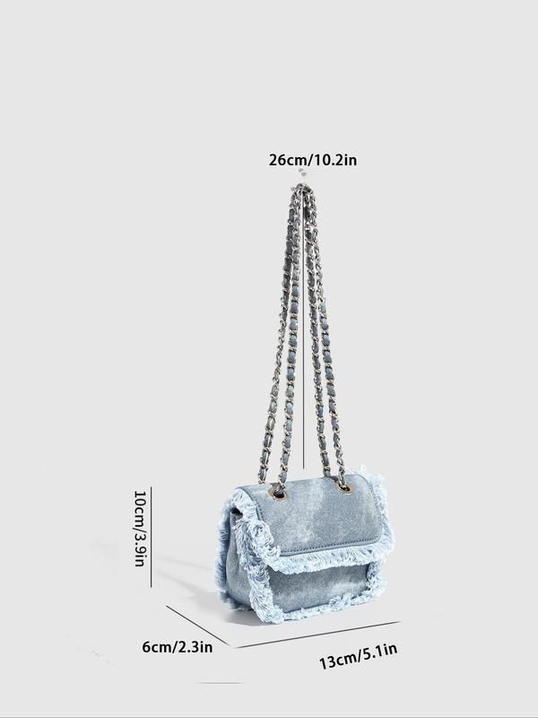 Women's Fashion Tassel Denim Handbag, with Chain Bag Strap, Casual Solid Color Crossbody Bag for Daily Used, Casual Trendy Versatile High-quality Daily Commuting Bag, Girl Fashionable Shopping Bag