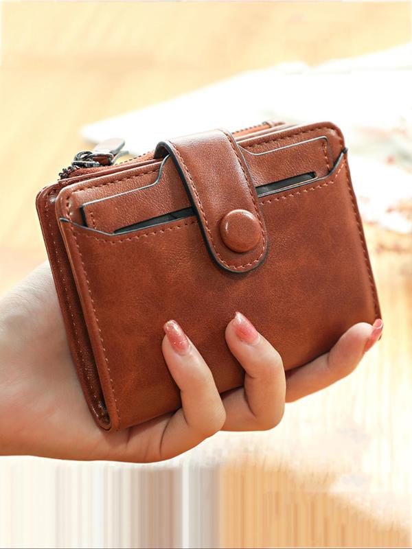 Women's Solid Flap Button Short Wallet, 2024 New Style Fashionable Pu Coin Purses for Women, Casual Trendy Versatile Money Saving Wallet, Minimalist Card Holder