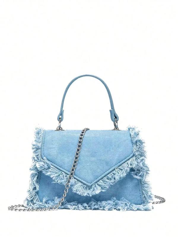 Women's Fashion Tassel Denim Handbag, with Chain Bag Strap, Casual Solid Color Crossbody Bag for Daily Used, Casual Trendy Versatile High-quality Daily Commuting Bag, Girl Fashionable Shopping Bag