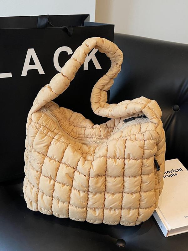 Women's Solid Color Quilted Puffer Tote Bag, Fashionable Large Capacity Shoulder Bag for Daily Used, Casual Trendy Versatile High-quality Daily Commuting Bag