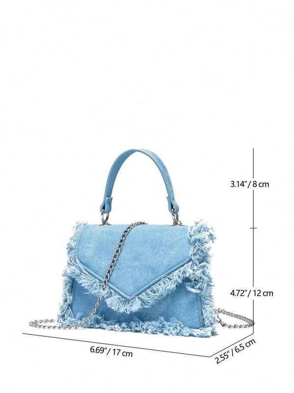 Women's Fashion Tassel Denim Handbag, with Chain Bag Strap, Casual Solid Color Crossbody Bag for Daily Used, Casual Trendy Versatile High-quality Daily Commuting Bag, Girl Fashionable Shopping Bag