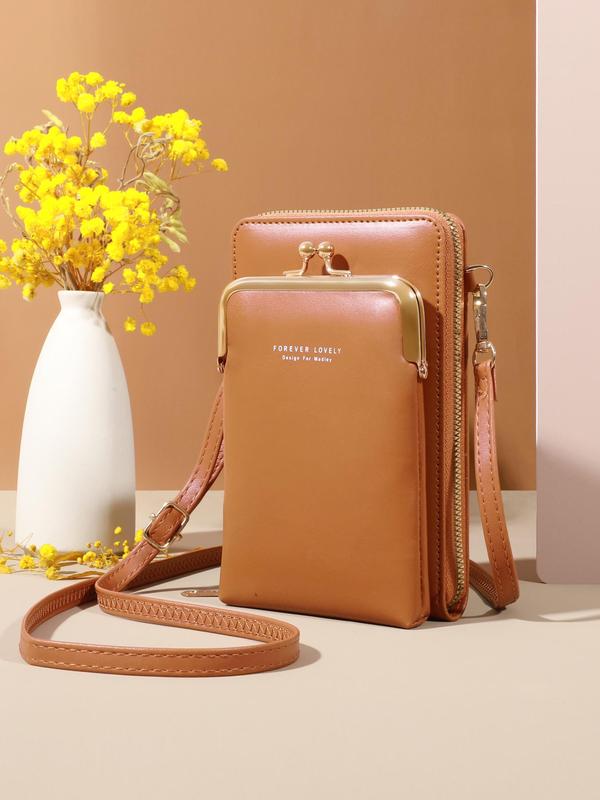 Women's Elegant Letter Pattern Crossbody Bag, Modern Simple Pu Leather Phone Wallet Bag, Casual Trendy Versatile Kiss Lock Buckle Design Daily Work Bag