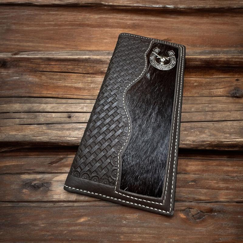 Mens Leather Long Wallet Horseshoe Longhorn Concho Basketweave Bifold Soft Leather Cow Hair Checkbook Style Cowboy Hand Crafted High End Mens Wallets Leather Gifts For Men minimalist