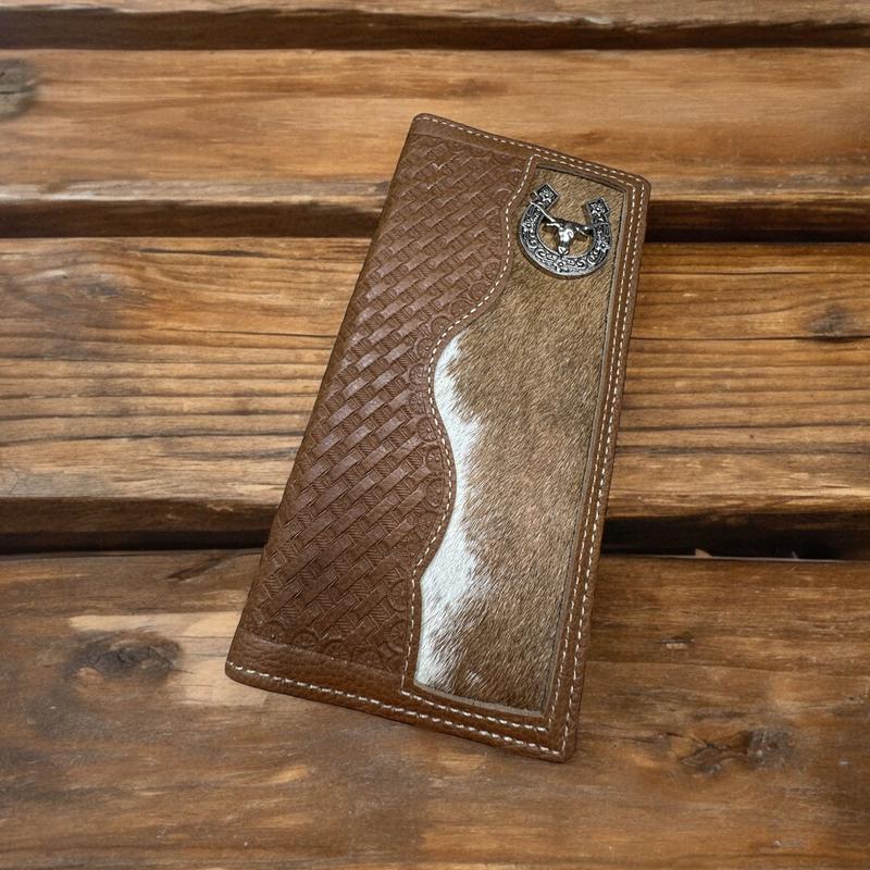 Mens Leather Long Wallet Horseshoe Longhorn Concho Basketweave Bifold Soft Leather Cow Hair Checkbook Style Cowboy Hand Crafted High End Mens Wallets Leather Gifts For Men minimalist