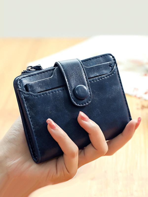 Women's Solid Flap Button Short Wallet, 2024 New Style Fashionable Pu Coin Purses for Women, Casual Trendy Versatile Money Saving Wallet, Minimalist Card Holder