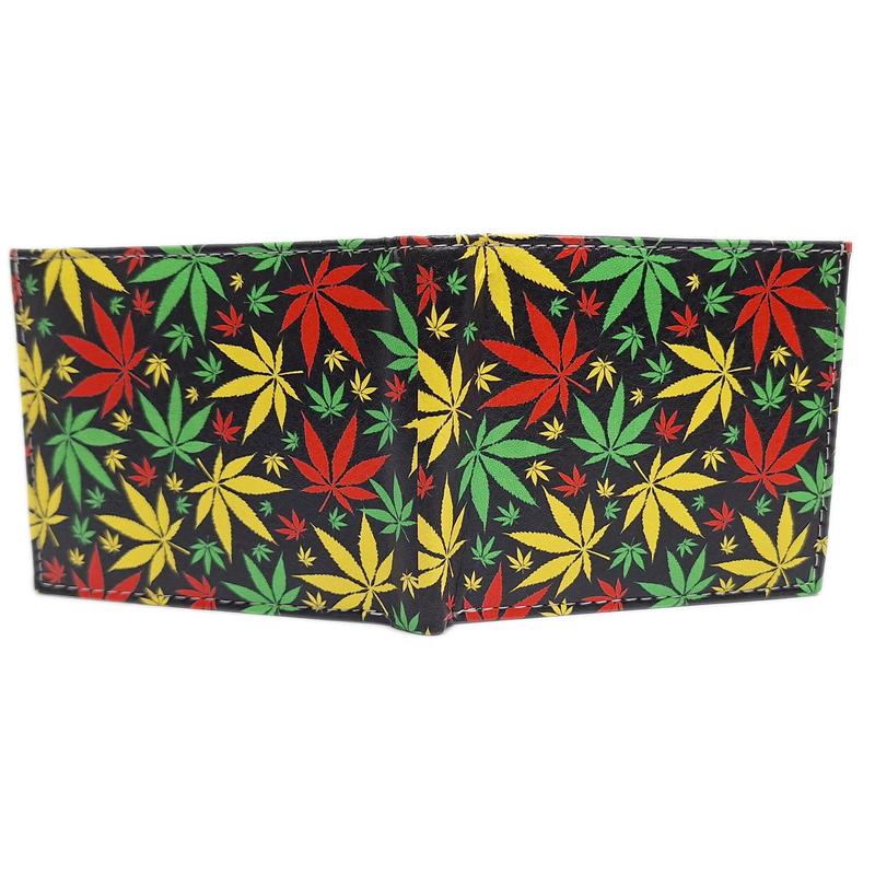 Colorful Pot Leaf Marijuana Weed Leather Bi-Fold Bifold Wallet