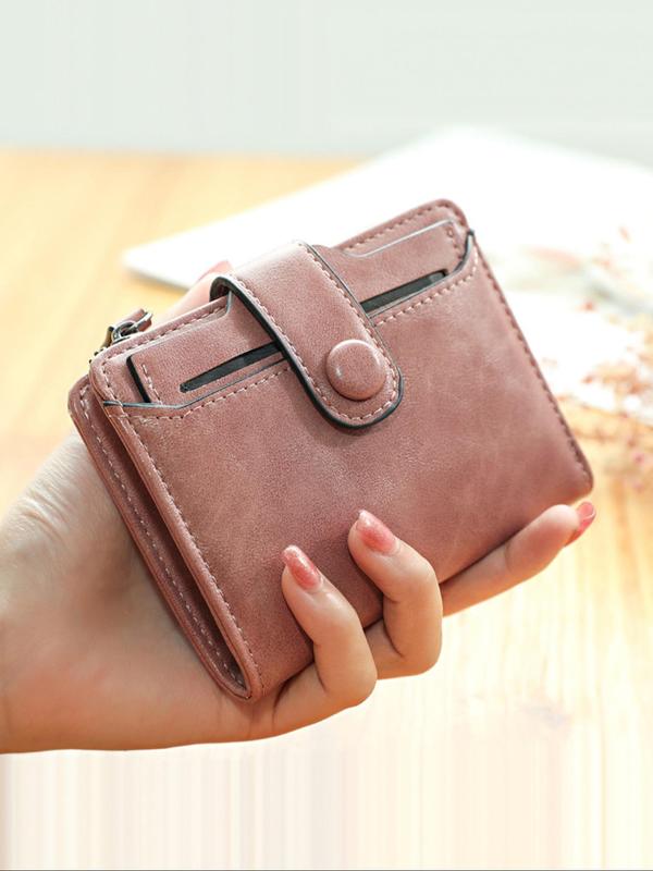 Women's Solid Flap Button Short Wallet, 2024 New Style Fashionable Pu Coin Purses for Women, Casual Trendy Versatile Money Saving Wallet, Minimalist Card Holder