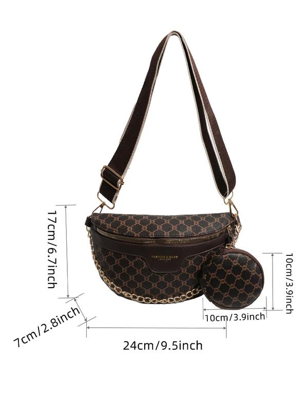 Women's Fashionable Chain Decor Crossbody Bag, Casual Versatile Solid Color Geometric Pattern Shoulder Bag with Coin Purse, Trendy All-match Chest Bag for Daily Used