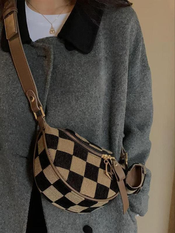 Women's Fashionable Checkerboard Pattern Sling Bag with Coin Purse, Casual Versatile Zipper Crossbody Bag for Daily Used, Trendy All-match Commuter Bag