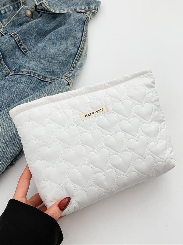 Fashion Solid Color Letter Patched Design Heart Quilted Zipper Cute Makeup Bag Organizer, Portable Travel Cosmetic Storage Bag, Simple All-match Makeup Bag for Daily Use