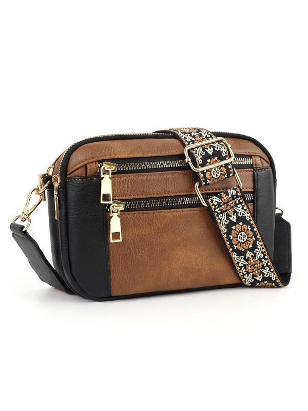 Women's Fashionable Patchwork Pattern Crossbody Bag, Casual Versatile Zipper Shoulder Bag for Daily Used, Trendy All-match Commuter Bag