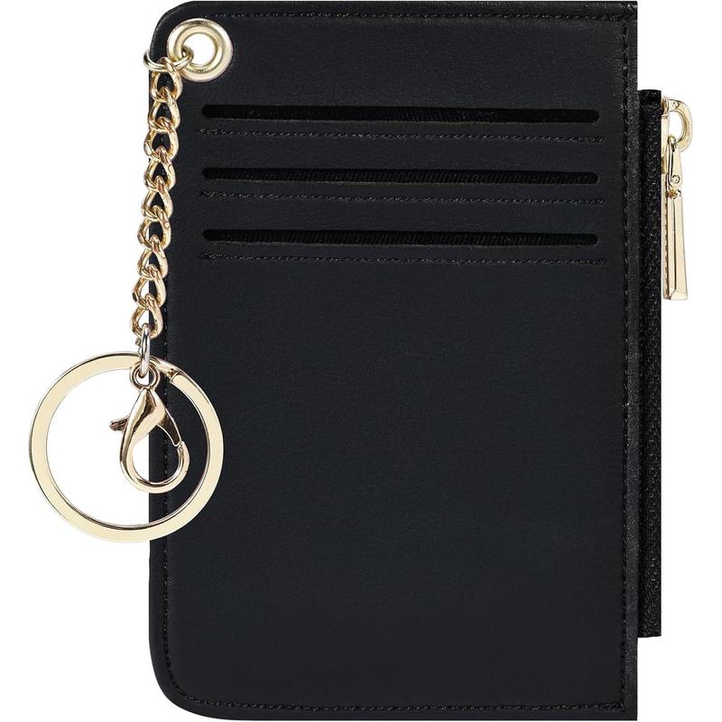 Womens Keychain Wallet Slim Front Pocket Minimalist RFID Blocking Credit Card Coin Change Holder Purse Wallet (Black Smooth)