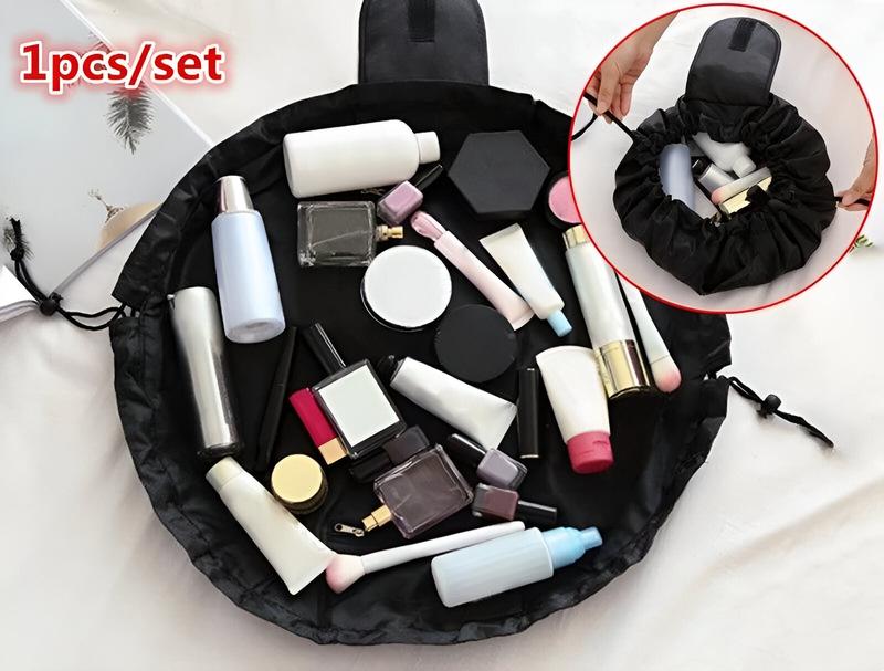 Drawstring Cosmetic Travel Makeup Bag Set | Makeup Organizer | Great For Travel & Everyday Use | Polyester Bag & Silicone Makeup Holders (Black)