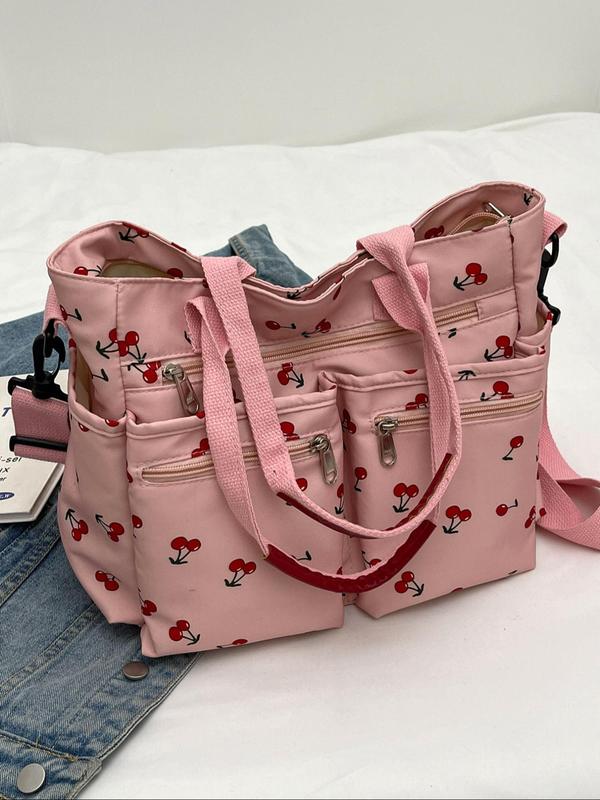 Women's Cute Cherry Pattern Tote Bag, Large Capacity Shoulder Bag for Daily Used, Casual Trendy Versatile High-quality Daily Commuting Bag