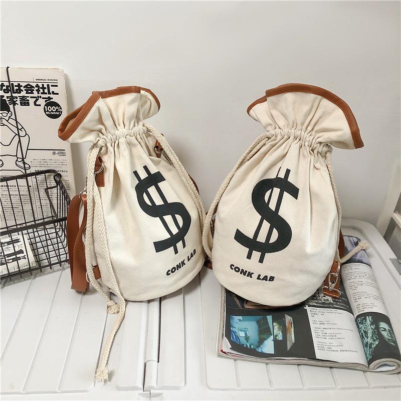 Canvas Backpack with Dollar Sign Pouch and Drawstring Closure Canvas Money Bag， Backpack bag，Multifunctional Casual Money Bucket Purse for Men and Women, Lightweight Sport Bags- Off White