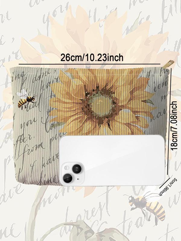 Sunflower & Bee Pattern Makeup Bag, Trendy Lightweight Multifunctional Cosmetic Storage Bag, Zipper Makeup Organizer Pouch for Travel & Daily Use