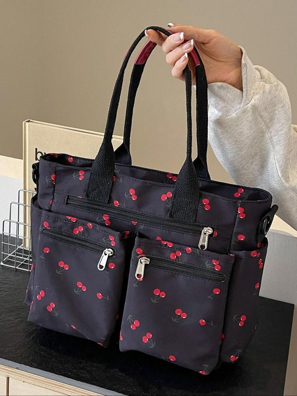 Women's Cute Cherry Pattern Tote Bag, Large Capacity Shoulder Bag for Daily Used, Casual Trendy Versatile High-quality Daily Commuting Bag