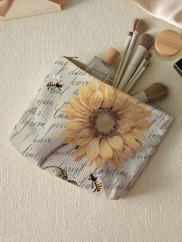 Sunflower & Bee Pattern Makeup Bag, Trendy Lightweight Multifunctional Cosmetic Storage Bag, Zipper Makeup Organizer Pouch for Travel & Daily Use