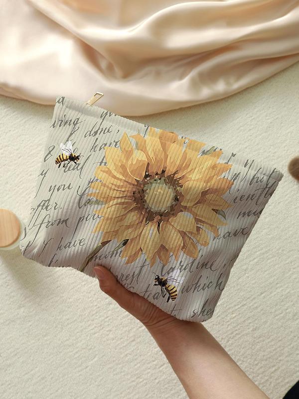 Sunflower & Bee Pattern Makeup Bag, Trendy Lightweight Multifunctional Cosmetic Storage Bag, Zipper Makeup Organizer Pouch for Travel & Daily Use