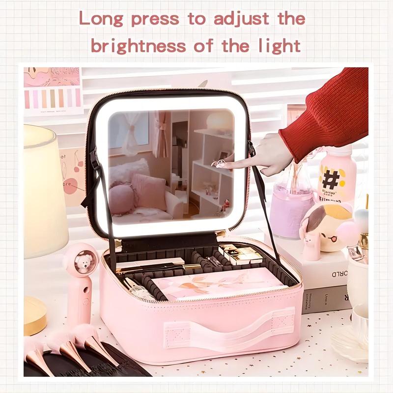 Summer Portable Makeup Bag with Full Screen Mirror, Large Capacity Cosmetic Storage Bag with Light, Professional Travel Makeup Organizer, Stocking Fillers Gift, Christmas Gift, Christmas