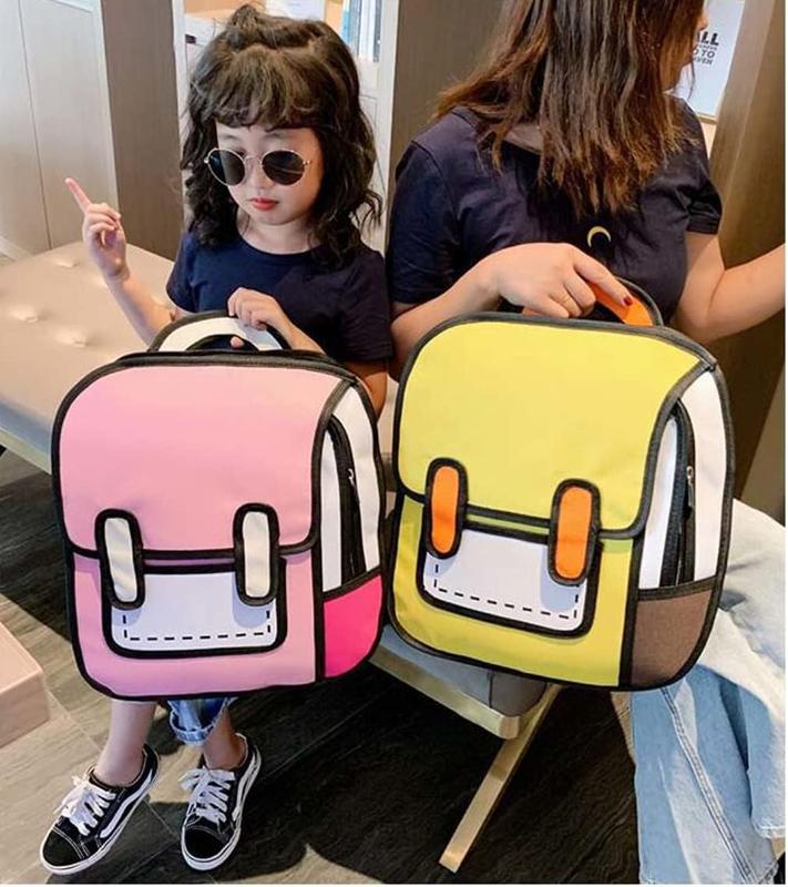 Backpack Cute Cartoon 3D Jump Style 2D Drawing from Comic Paper Anime Bookbag School Supplies Fun Daypack (Yellow)