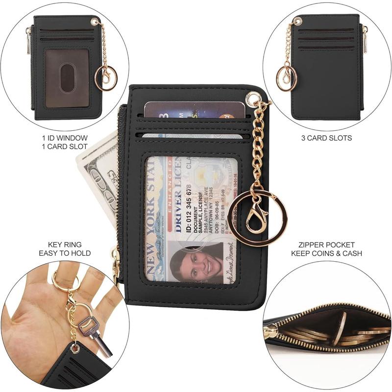 Womens Keychain Wallet Slim Front Pocket Minimalist RFID Blocking Credit Card Coin Change Holder Purse Wallet (Black Smooth)