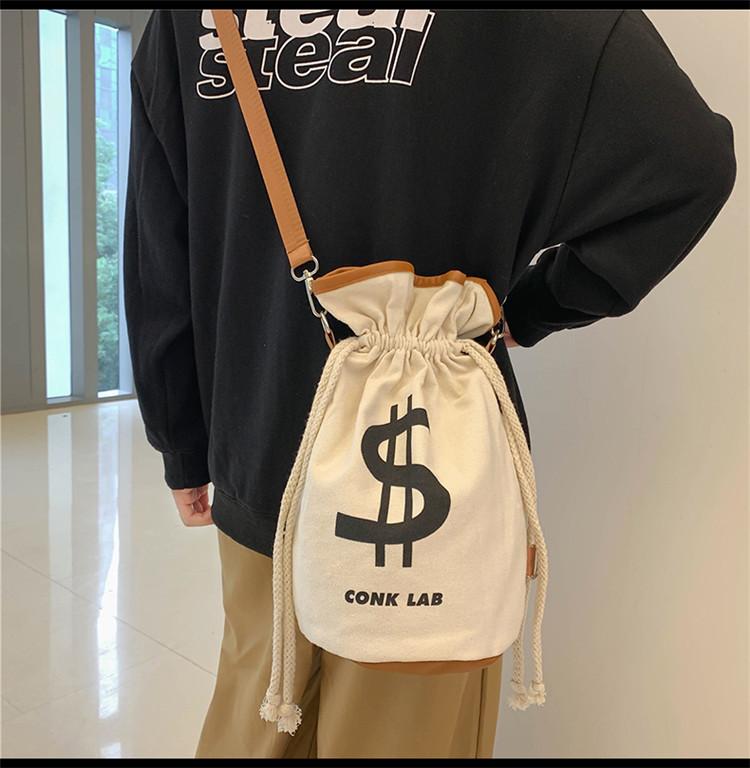 Canvas Backpack with Dollar Sign Pouch and Drawstring Closure Canvas Money Bag， Backpack bag，Multifunctional Casual Money Bucket Purse for Men and Women, Lightweight Sport Bags- Off White