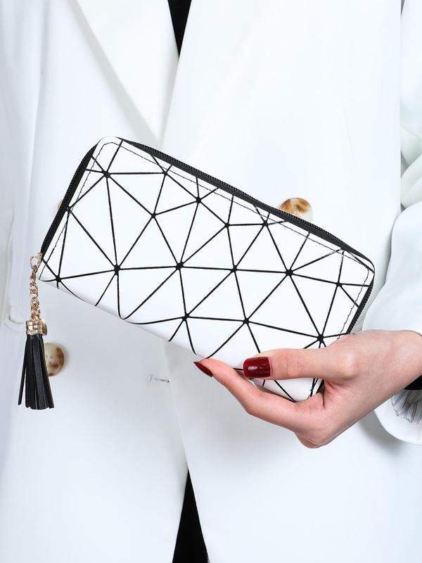 Women's Elegant Geometric Graphic Long Wallet with Tassel Charm, Trendy Zipper Long Wallet, Chic All-match Card Holder for Daily Use