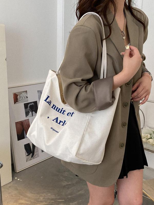 Fashion Letter Pattern Canvas Tote Bag, Large Capacity Shopping Bag for Women & Girls, Casual Trendy Versatile High-quality Daily Commuting Bag