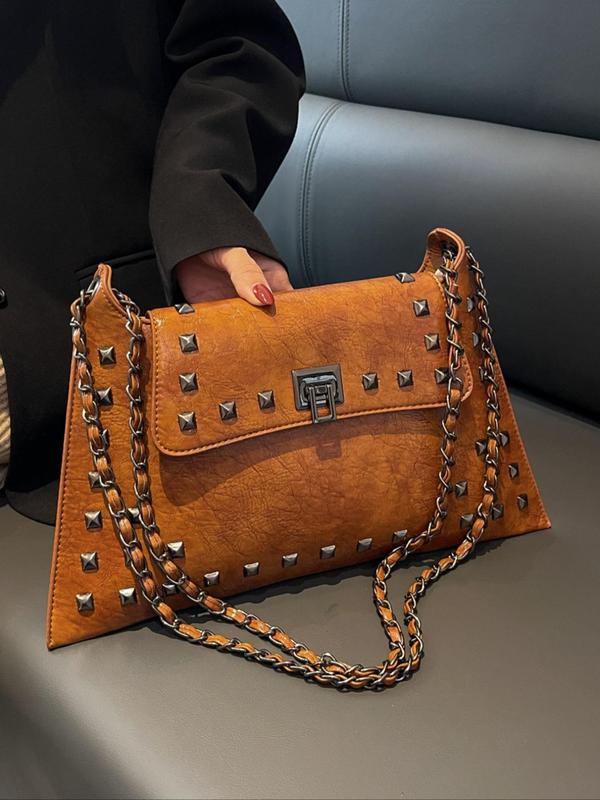 Women's Fashion Buckle Rivet Decorated Shoulder Bag,  Elegant Solid Color Crossbody Bag for Daily Use, Daily Commuting Bag, Girl Fashionable Shopping Bag