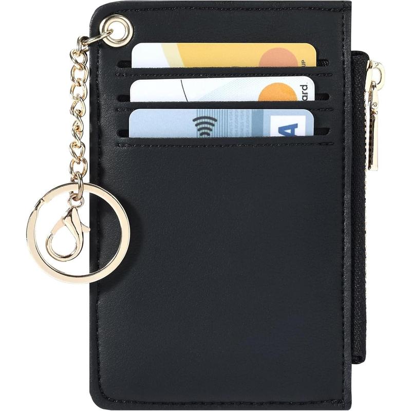 Womens Keychain Wallet Slim Front Pocket Minimalist RFID Blocking Credit Card Coin Change Holder Purse Wallet (Black Smooth)